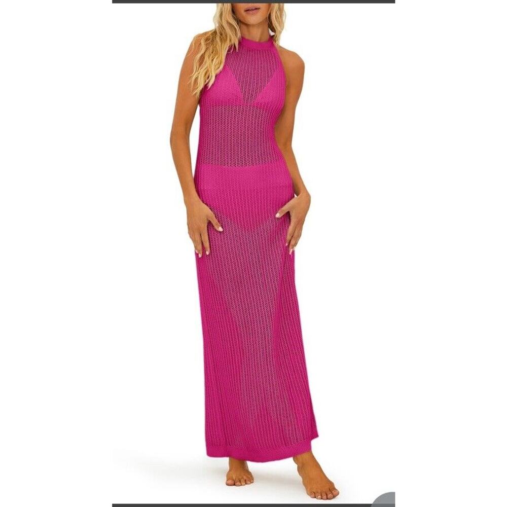 Bathing Suit Cover Up Pink Crochet Boho Summer Beach Long Sundress size Small